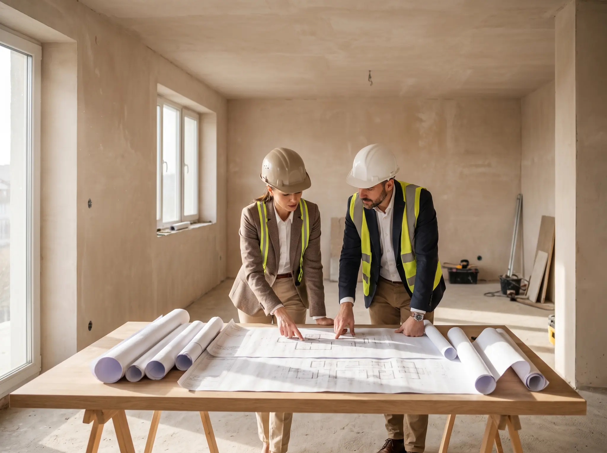 Technical team reviewing floor plans in a property under renovation during a pre-purchase urban planning viability check