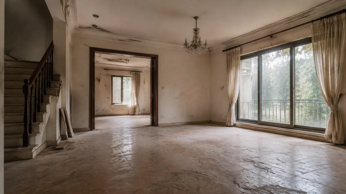 Salón de una vivienda terminada y abandonada, con humedades en el techo y el suelo deteriorado