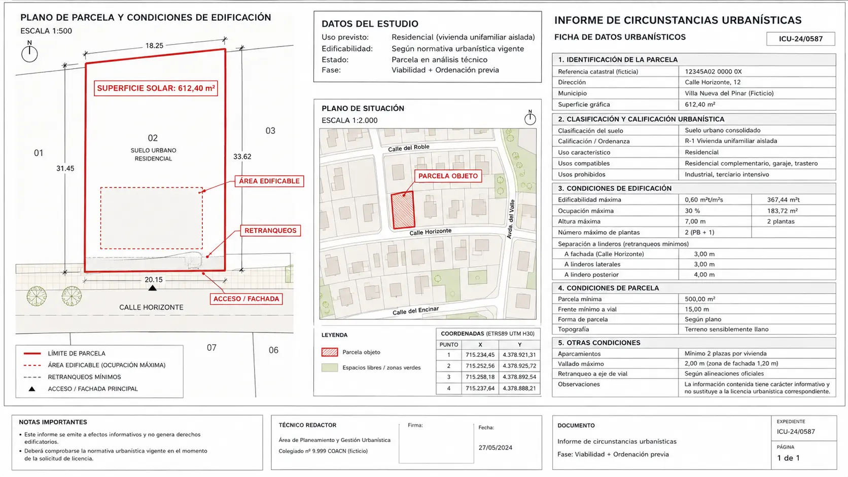 Ejemplo de informe de circunstancias urbanísticas: plano de parcela, condiciones de edificación y ficha de datos