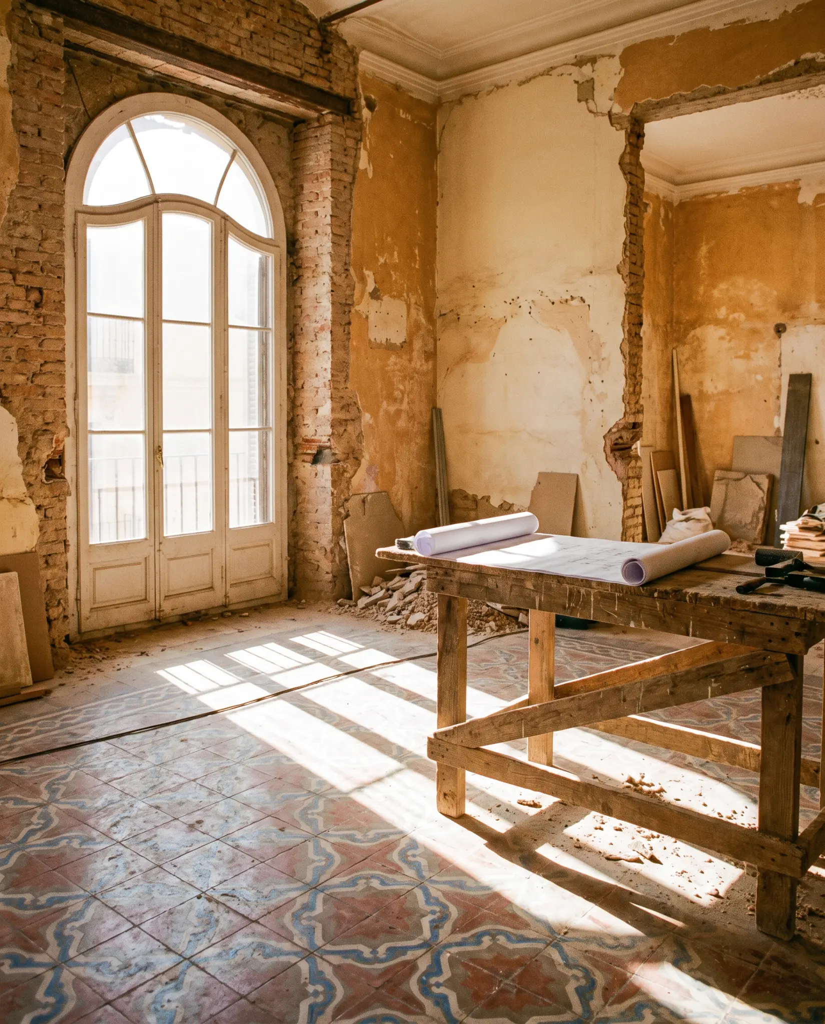 Old Valencian apartment stripped back to brick with original hydraulic floor tiles, an example of a refurbishment at risk of not being usable for tourist letting