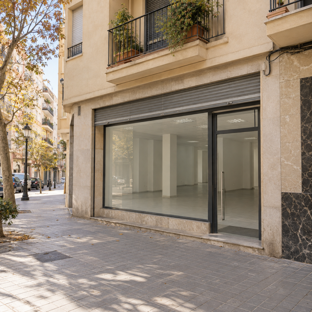 Ilustración de un local comercial vacío en un barrio residencial mediterráneo.